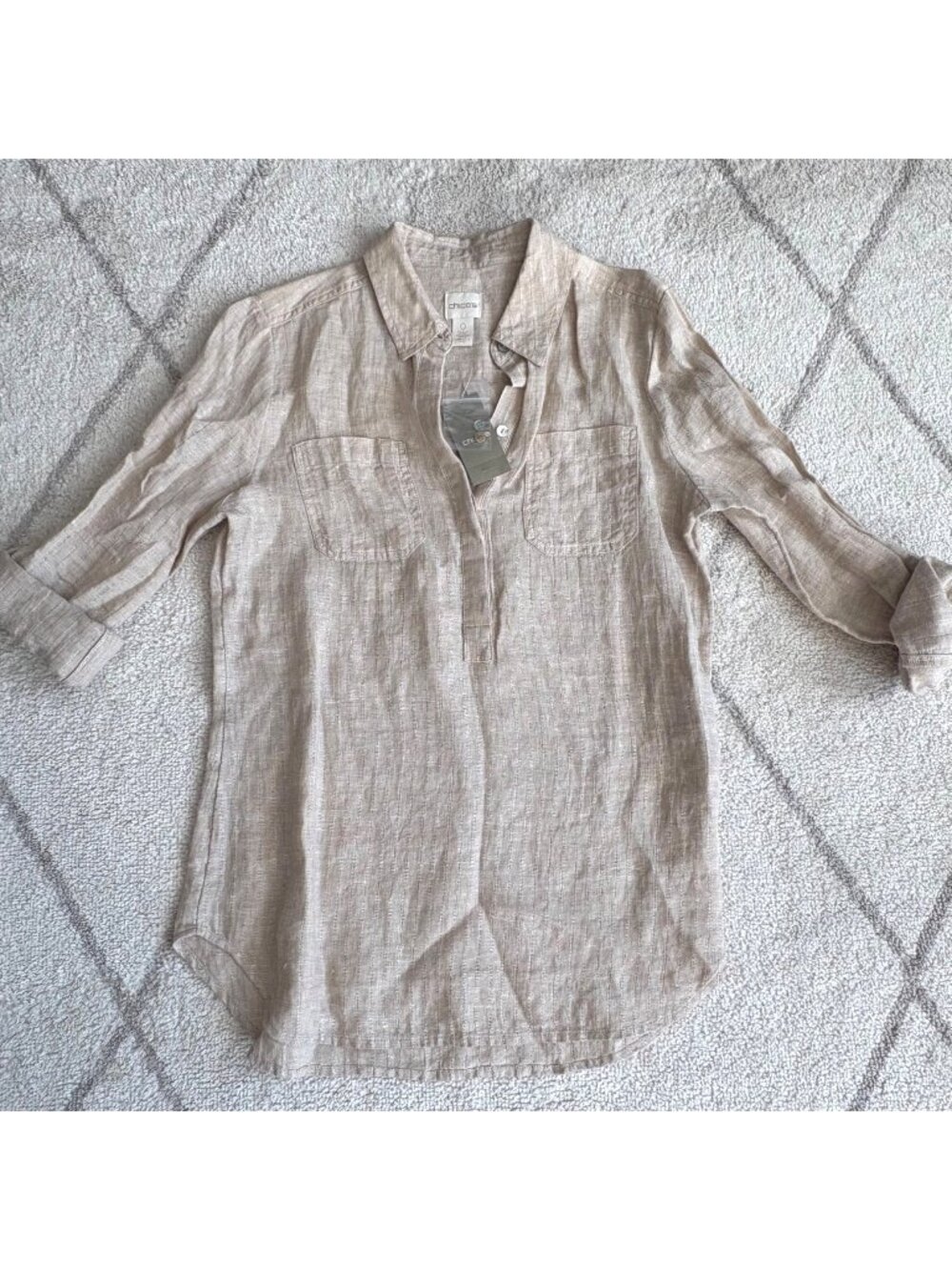 NWT Chico’s Linen Stripe Tunic Top Feather Neutral Tan Roll Tab Sleeve Shirt